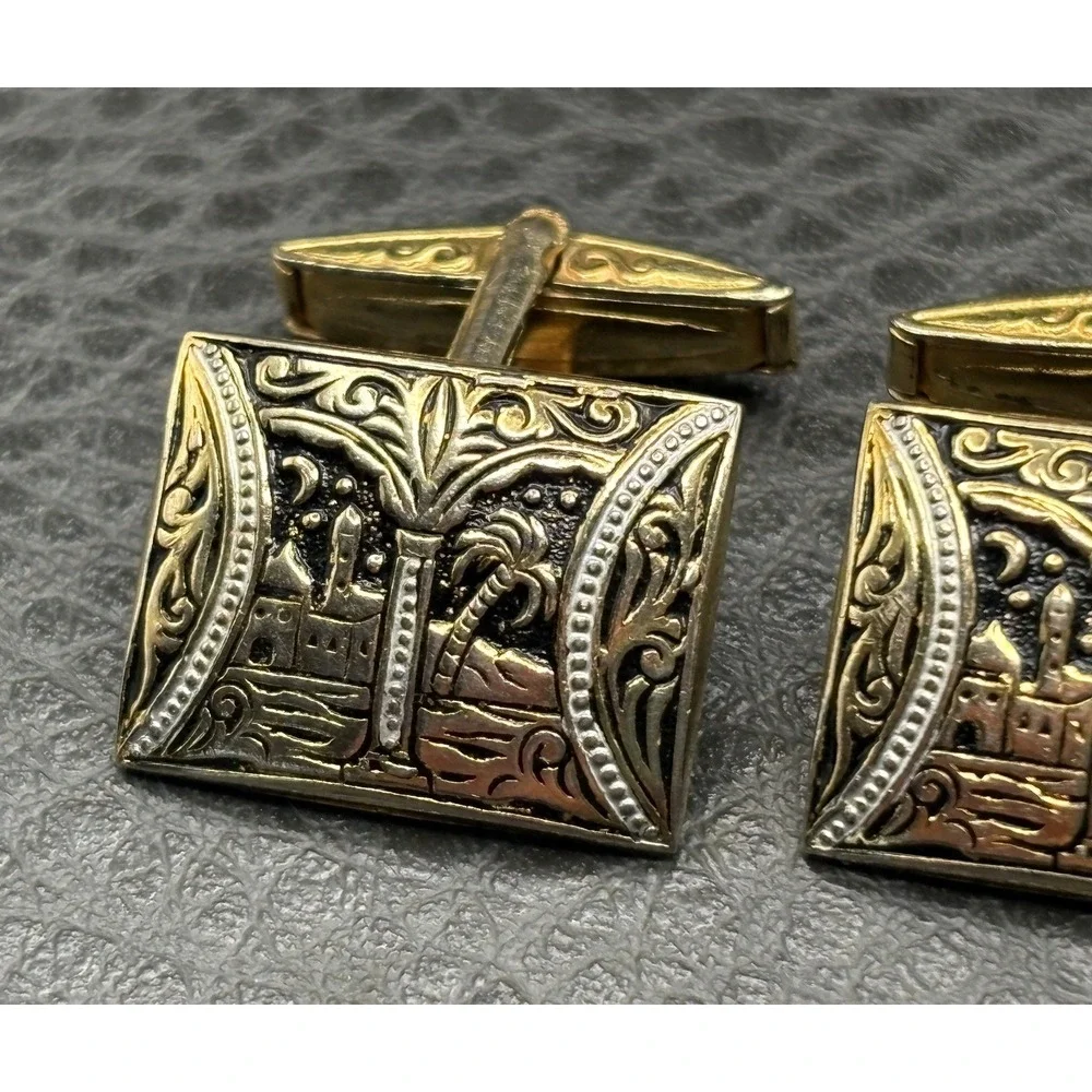 Vintage Damascene Gold Tone Ornate Rectangular Cufflinks Palace Palm Tree Moon